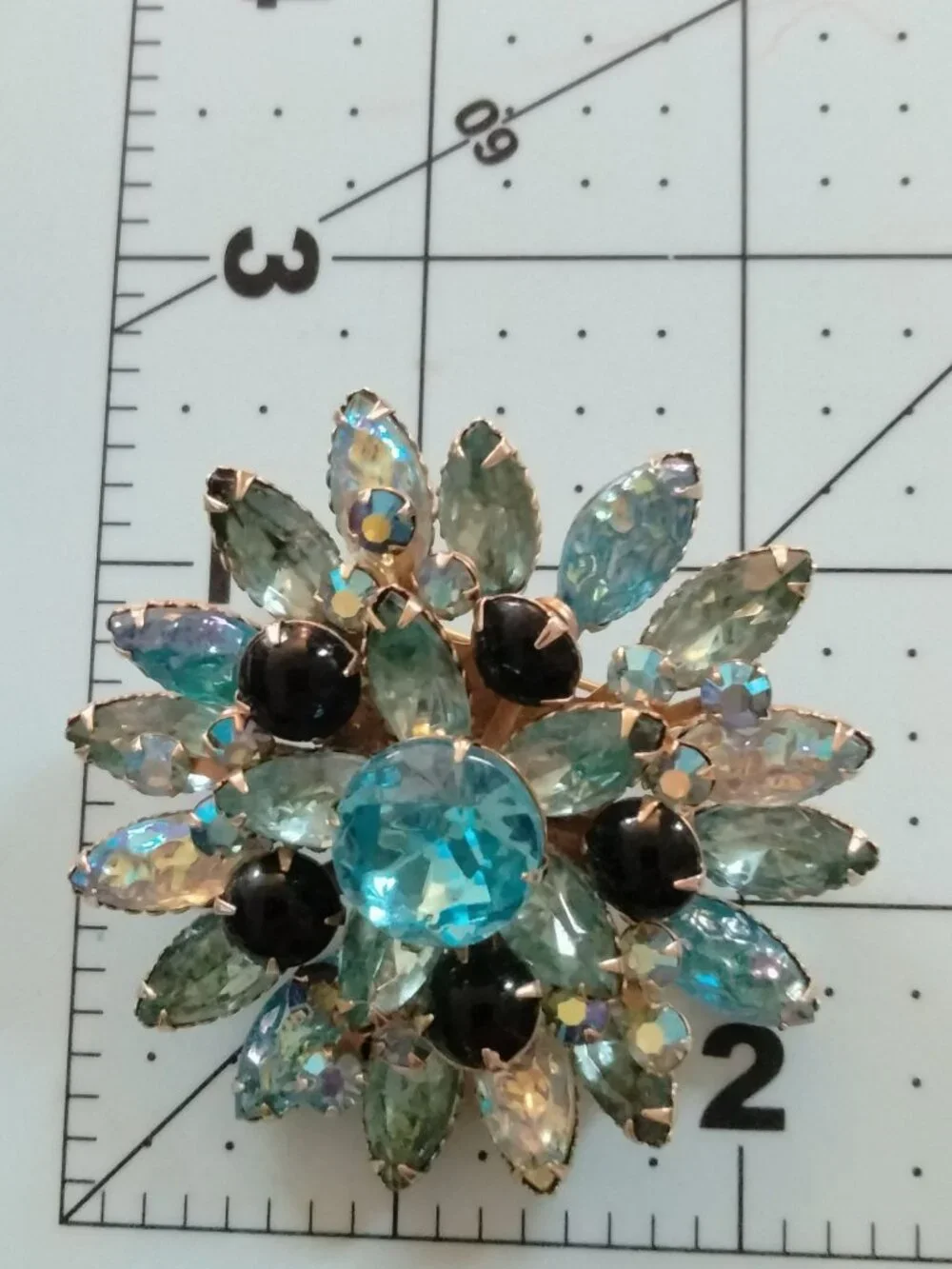 Blue Rhinestone Flower Brooch Aqua Marquise Lava Glass Black Vintage Statement